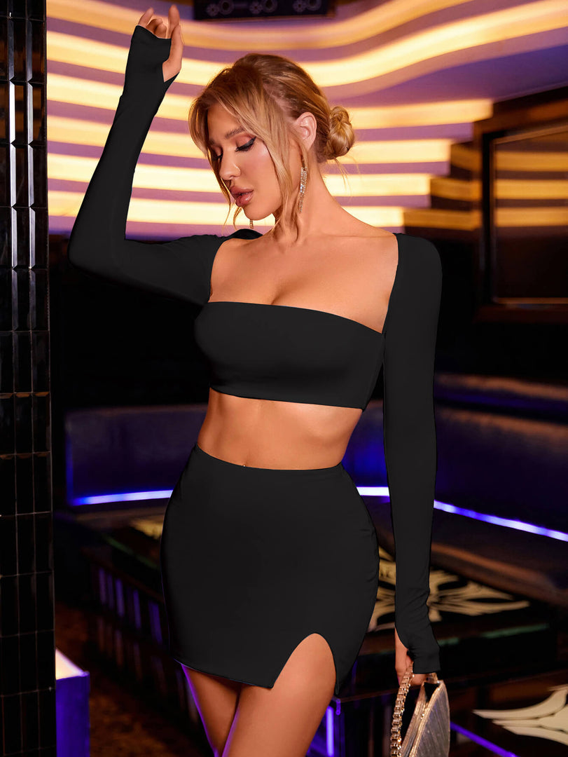 Square Neck Crop Top & Slit Hem Bodycon Skirt | Homecoming & Cocktail Party Two-Piece Set