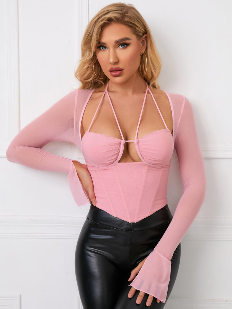 Tie Back Split Cuff Ruched Mesh Top | Cocktail Party Top