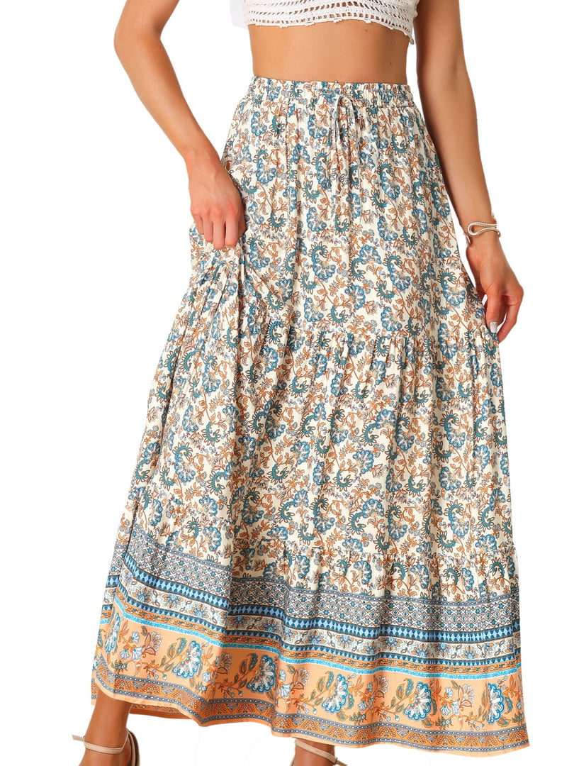 Women's Printed Maxi Skirt High Waist Side Slit Flowing