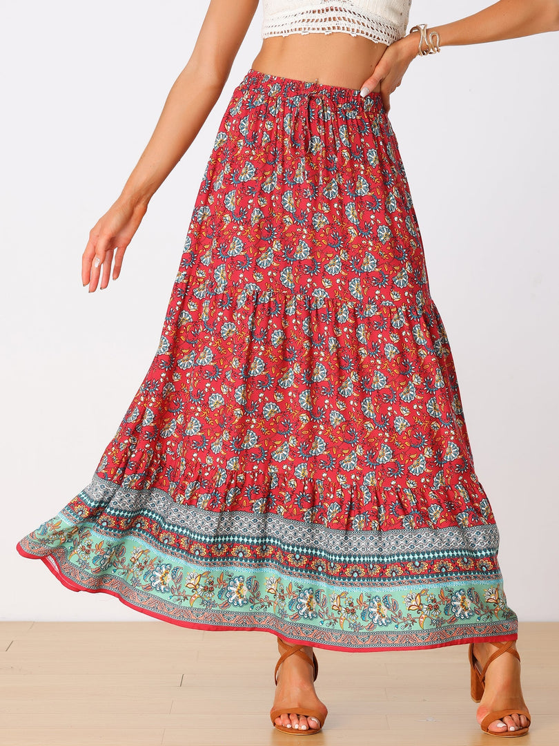 Women's Printed Maxi Skirt High Waist Side Slit Flowing