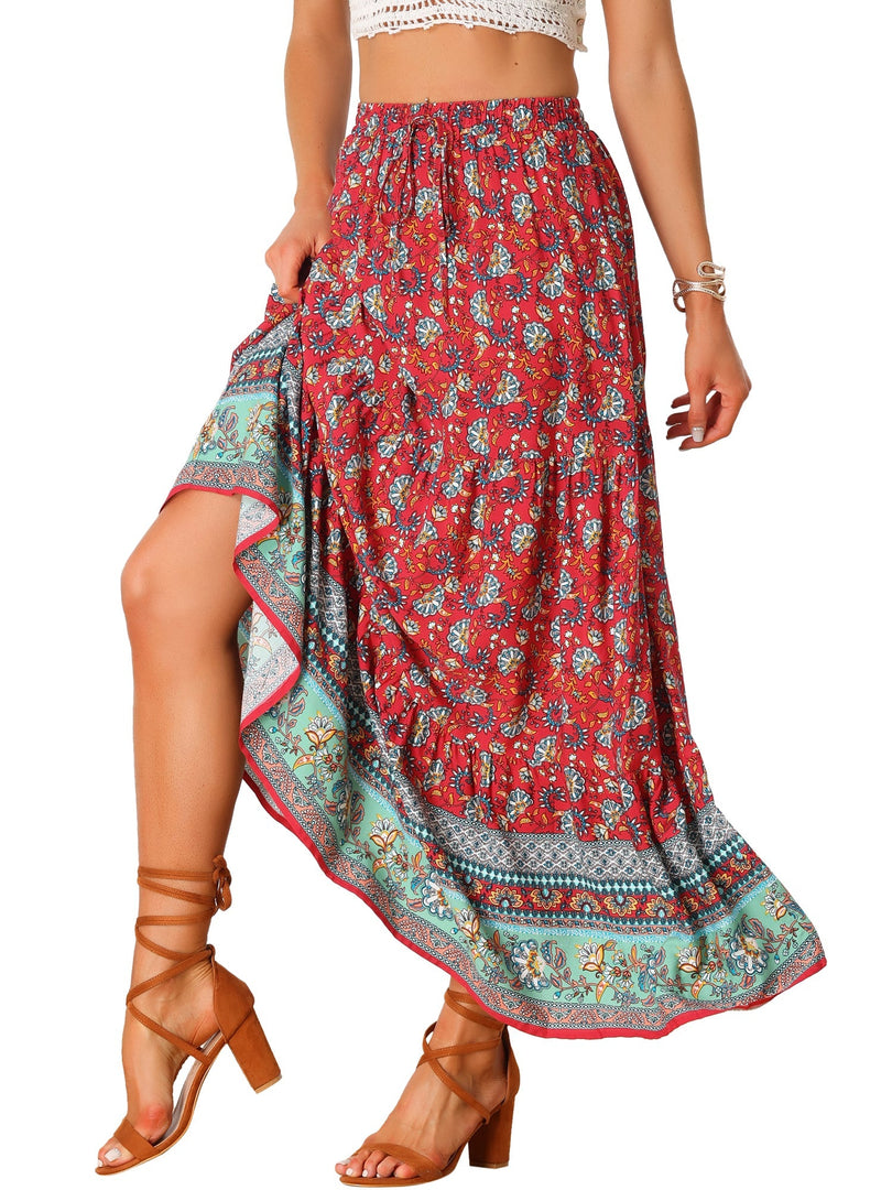 Women's Printed Maxi Skirt High Waist Side Slit Flowing