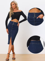 Load image into Gallery viewer, Women's Jean Skirt High Waist Front Slit Midi Pencil Style
