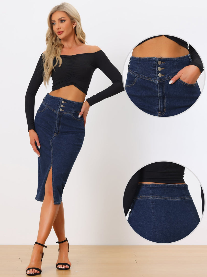 Women's Jean Skirt High Waist Front Slit Midi Pencil Style