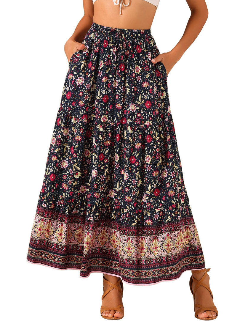 Women's Printed Maxi Skirt High Waist Side Slit Flowing