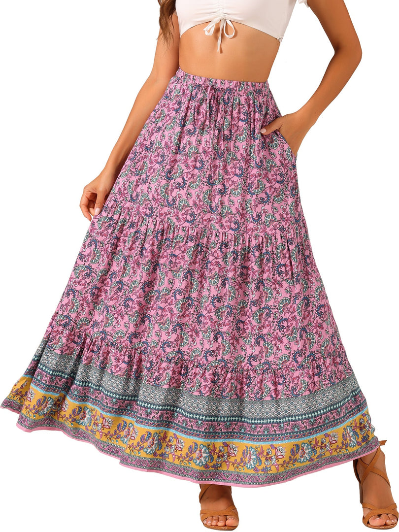 Women's Printed Maxi Skirt High Waist Side Slit Flowing
