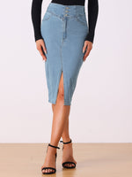 Load image into Gallery viewer, Women's Jean Skirt High Waist Front Slit Midi Pencil Style
