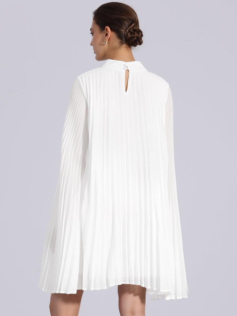 Women's White Mini Dress Cape Sleeve Pleated Flowing Style