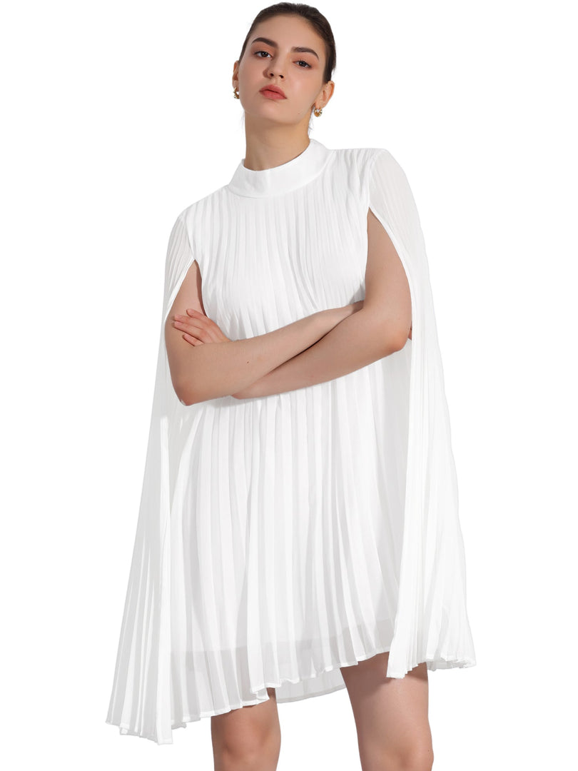 Women's White Mini Dress Cape Sleeve Pleated Flowing Style
