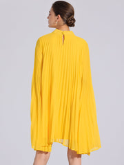 Women's Yellow Pleated Swing Dress Cape Sleeve Mock Neck Flowy Style