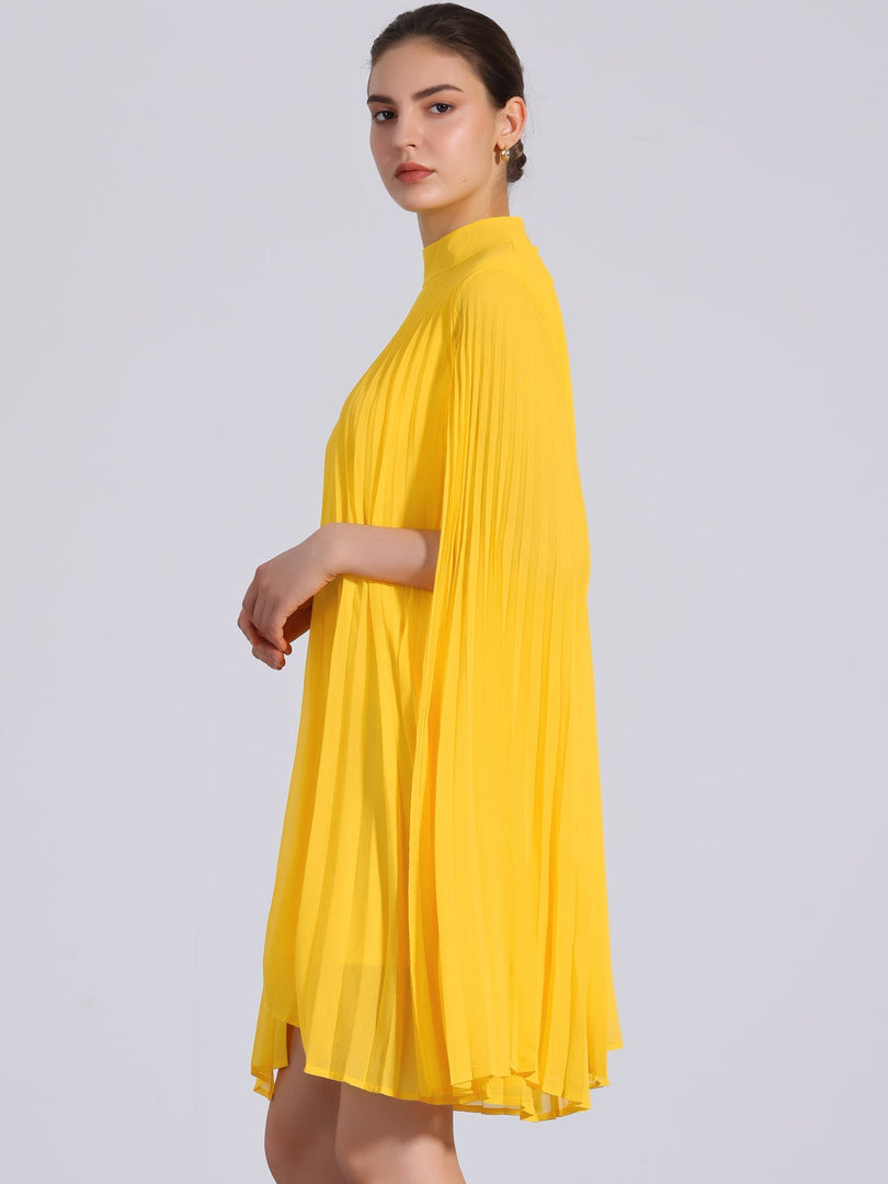 Women's Yellow Pleated Swing Dress Cape Sleeve Mock Neck Flowy Style