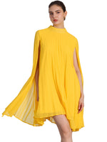 Load image into Gallery viewer, Women's Yellow Pleated Swing Dress Cape Sleeve Mock Neck Flowy Style
