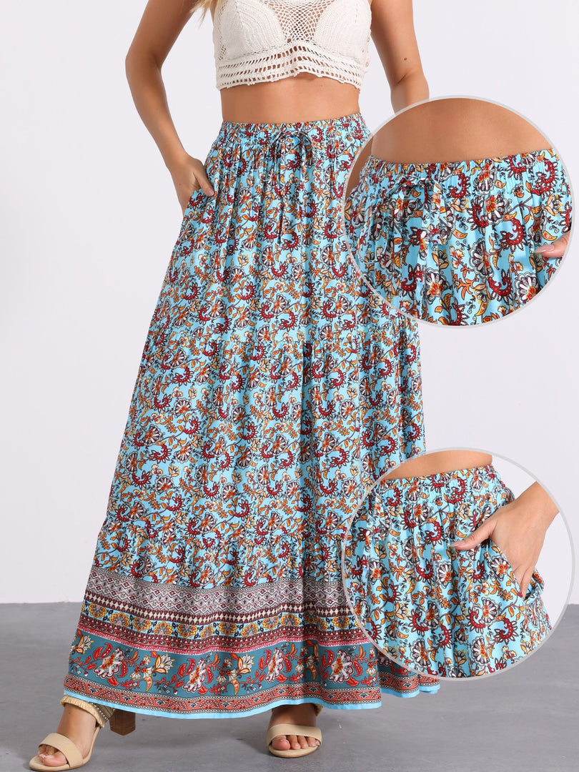Women's Printed Maxi Skirt High Waist Side Slit Flowing
