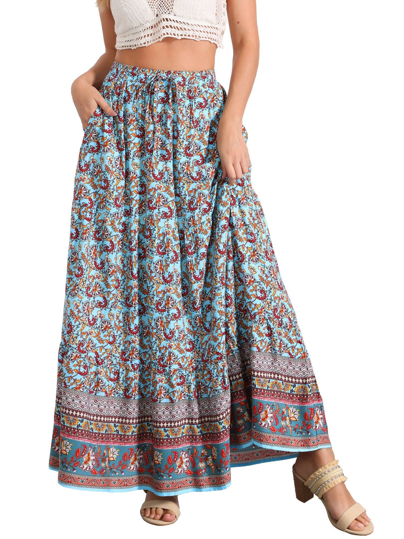 Women's Printed Maxi Skirt High Waist Side Slit Flowing