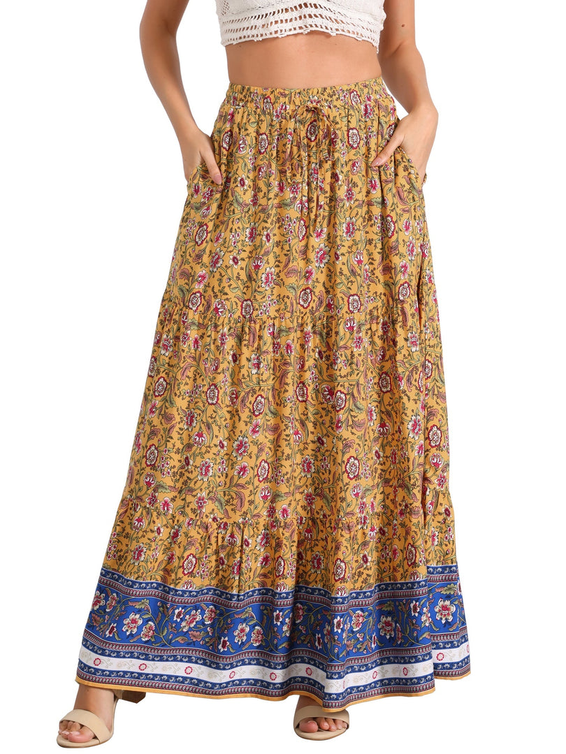 Women's Printed Maxi Skirt High Waist Side Slit Flowing