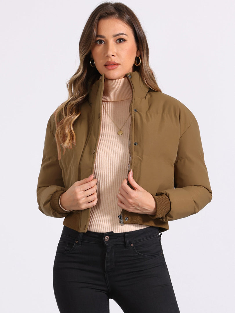 Women's Bomber Jacket Zip Front Stand Collar Padded Cropped Style