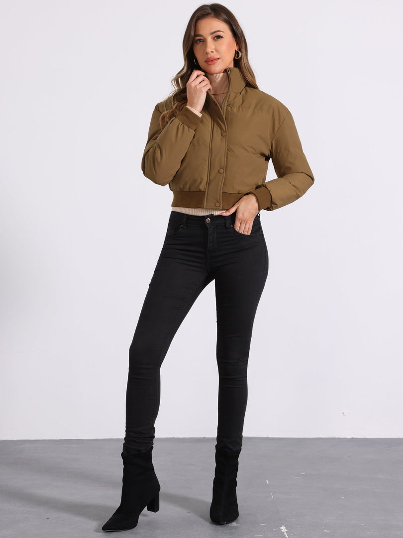 Women's Bomber Jacket Zip Front Stand Collar Padded Cropped Style