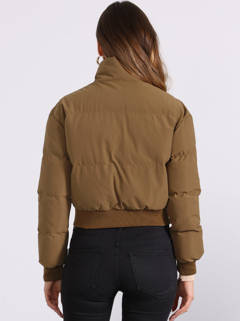 Women's Bomber Jacket Zip Front Stand Collar Padded Cropped Style