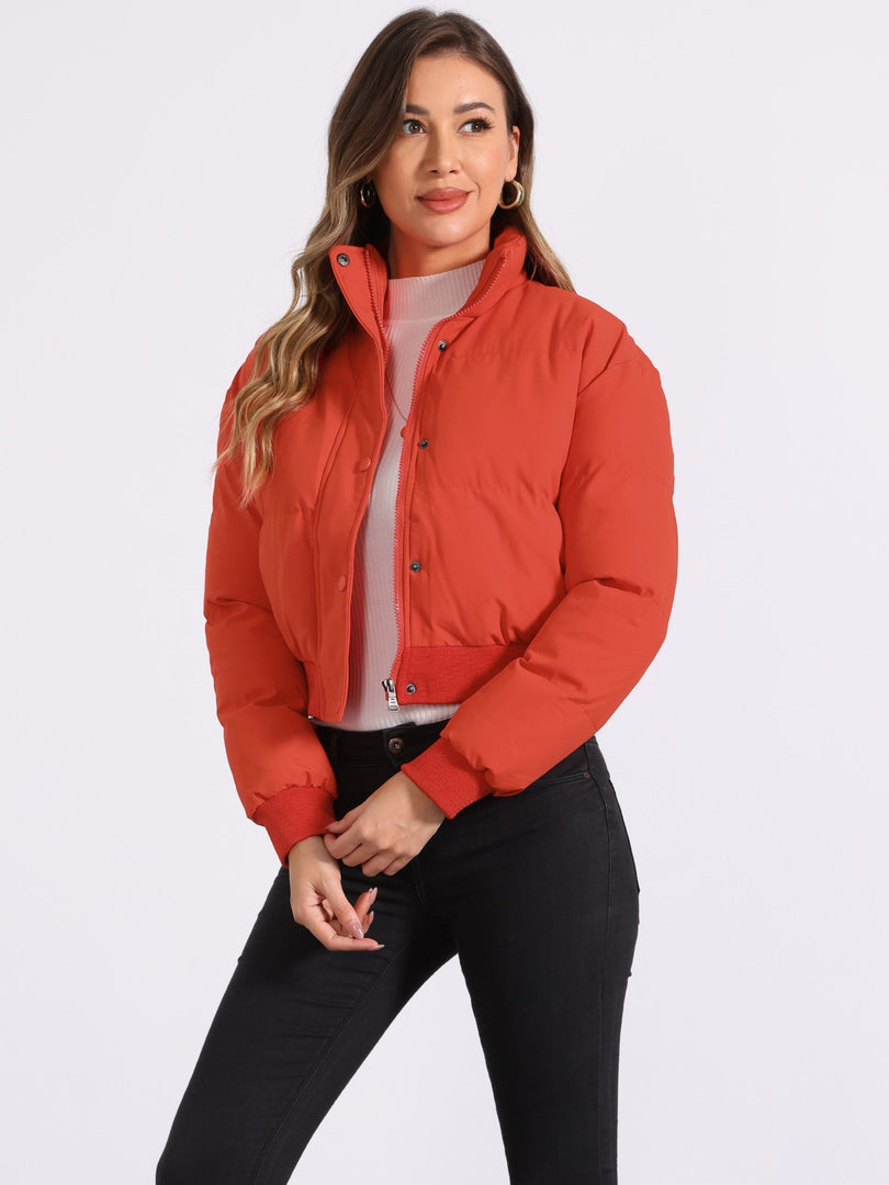 Women's Bomber Jacket Zip Front Stand Collar Padded Cropped Style