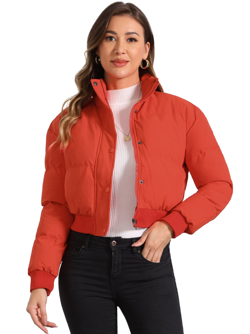 Women's Bomber Jacket Zip Front Stand Collar Padded Cropped Style