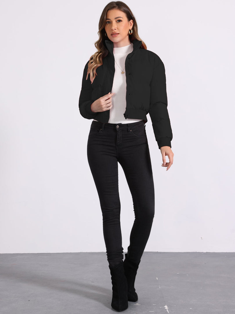 Women's Bomber Jacket Zip Front Stand Collar Padded Cropped Style