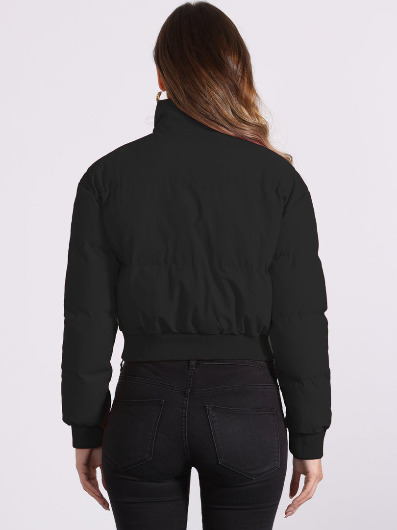 Women's Bomber Jacket Zip Front Stand Collar Padded Cropped Style