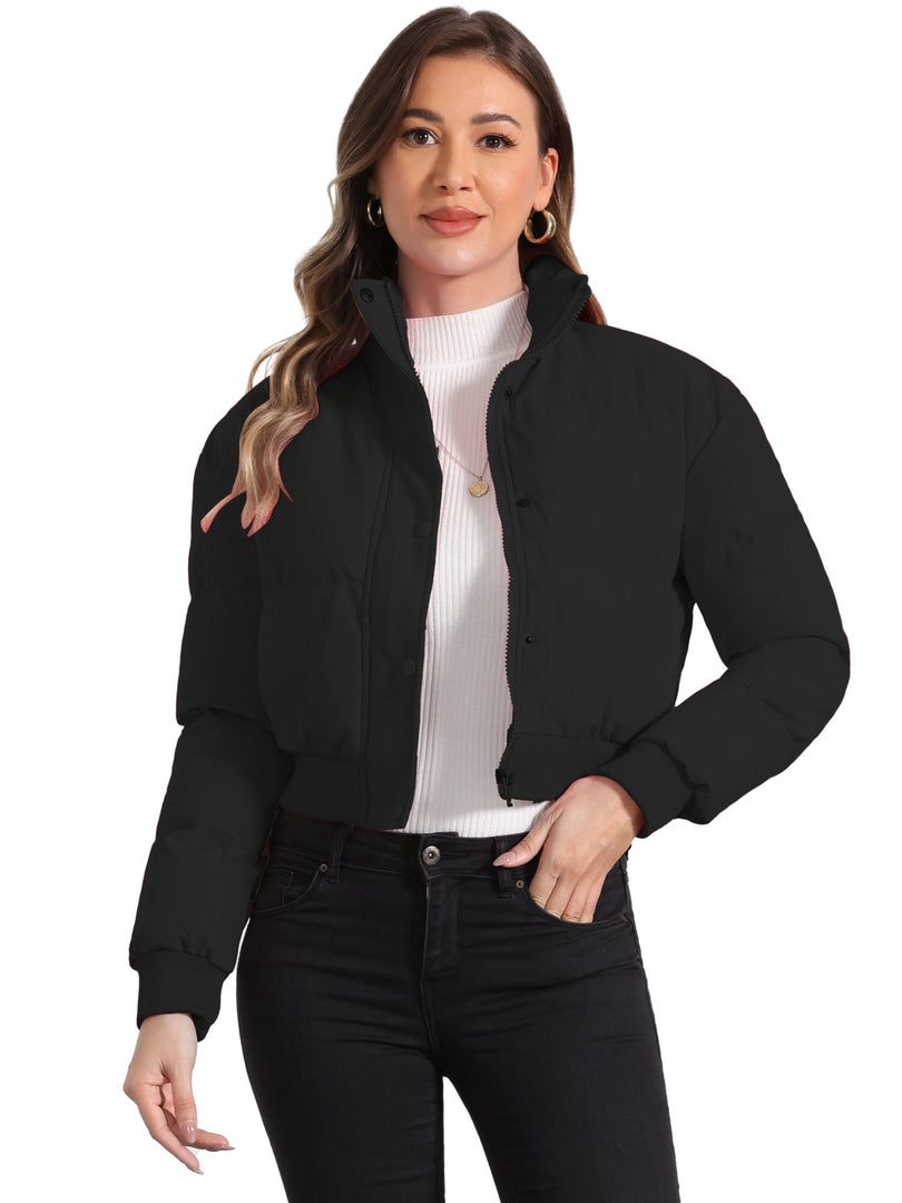 Women's Bomber Jacket Zip Front Stand Collar Padded Cropped Style