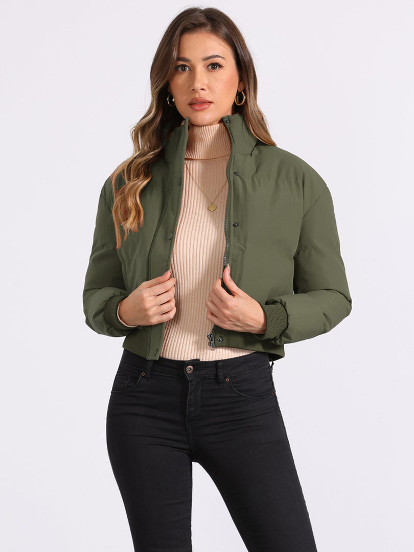 Women's Bomber Jacket Zip Front Stand Collar Padded Cropped Style