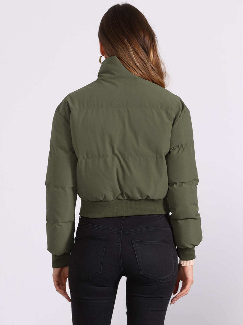 Women's Bomber Jacket Zip Front Stand Collar Padded Cropped Style