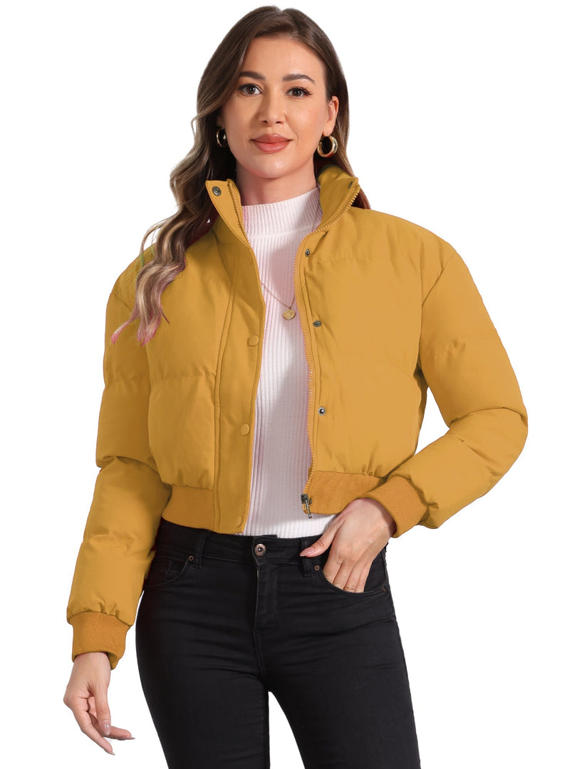 Women's Bomber Jacket Zip Front Stand Collar Padded Cropped Style