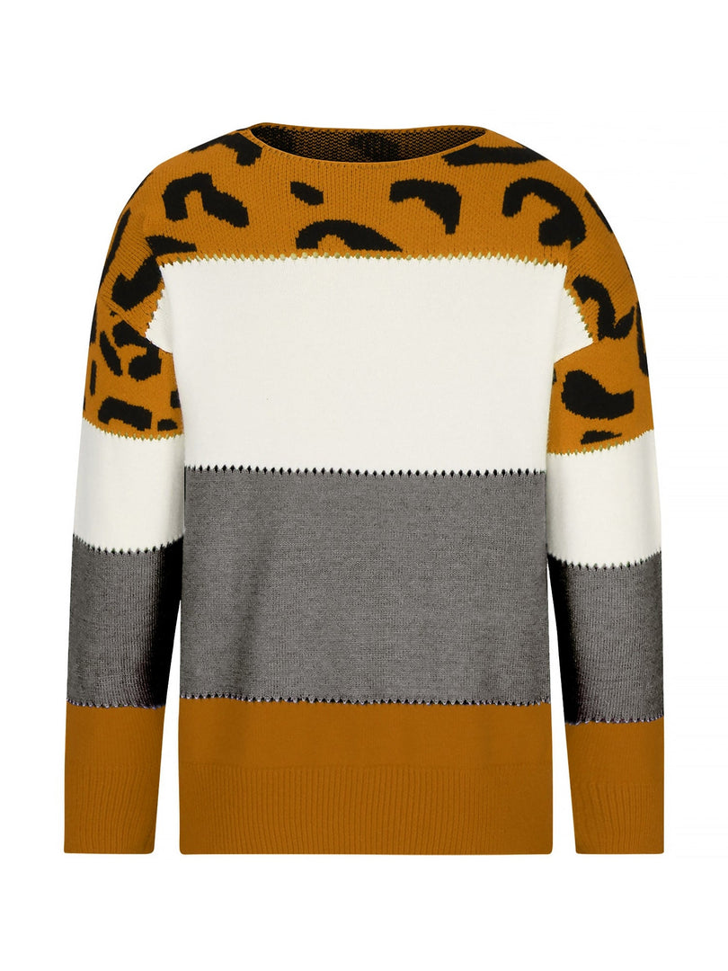 Women's Sweatshirt Leopard Print Color Block Crewneck Knit Style