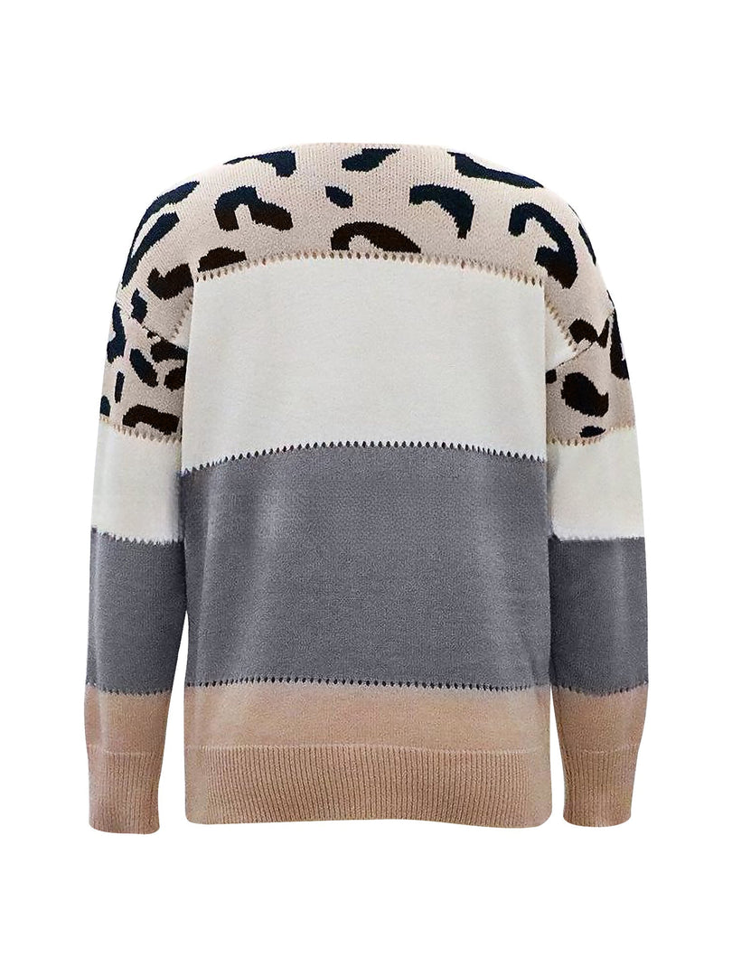 Women's Sweatshirt Leopard Print Color Block Crewneck Knit Style