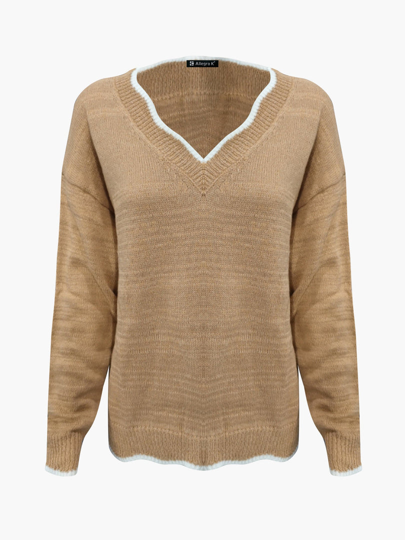 Women's Sweatshirt Notch V Neck Long Sleeve Knit Style