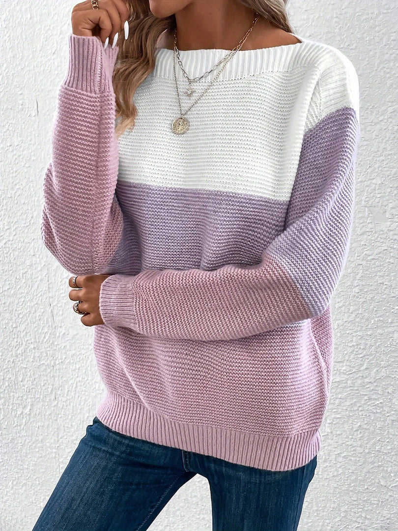 Women's Sweatshirt Color Block Crewneck Long Sleeve Knit Style