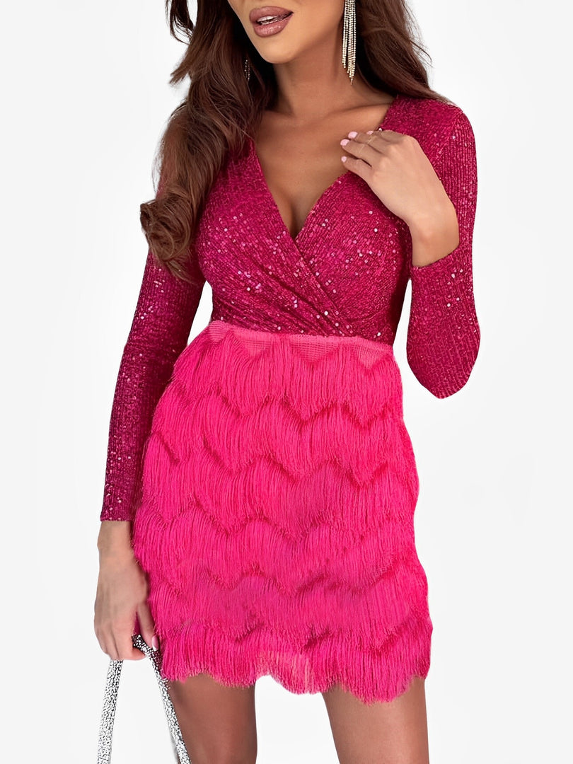 Women's Sequin Birthday Dress V Neck Wrap Fringe Hem