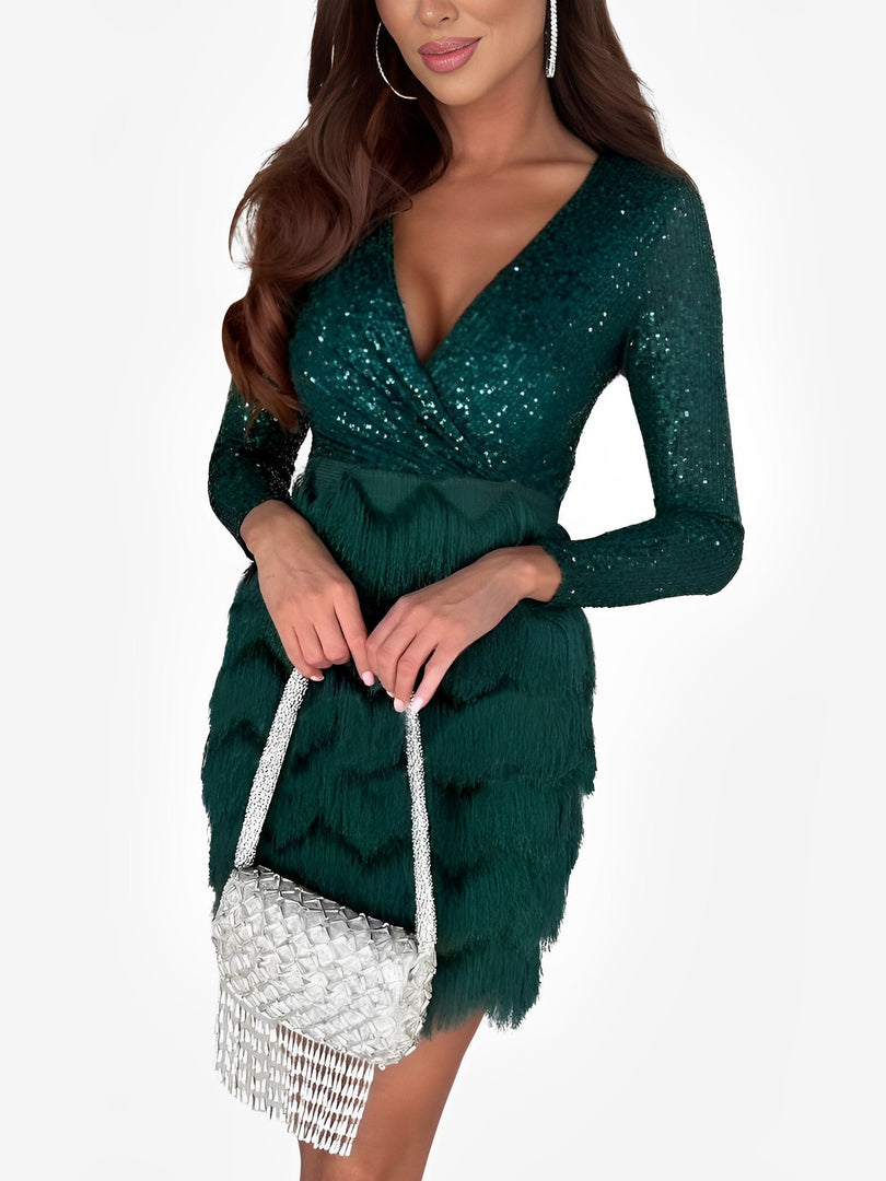 Women's Sequin Birthday Dress V Neck Wrap Fringe Hem