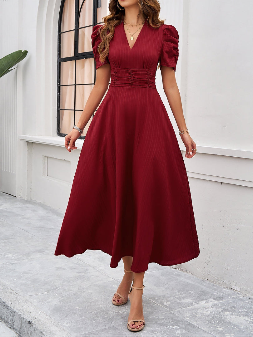Women's Red Dress V Neck Puff Sleeve Wrap Midi Style