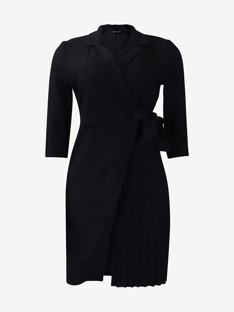 Women's Wrap Mini Dress Collar Elbow Sleeve Pleated Tie Waist