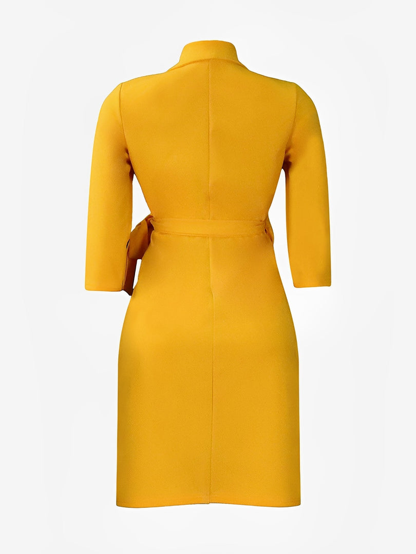 Women's Wrap Mini Dress Collar Elbow Sleeve Pleated Tie Waist