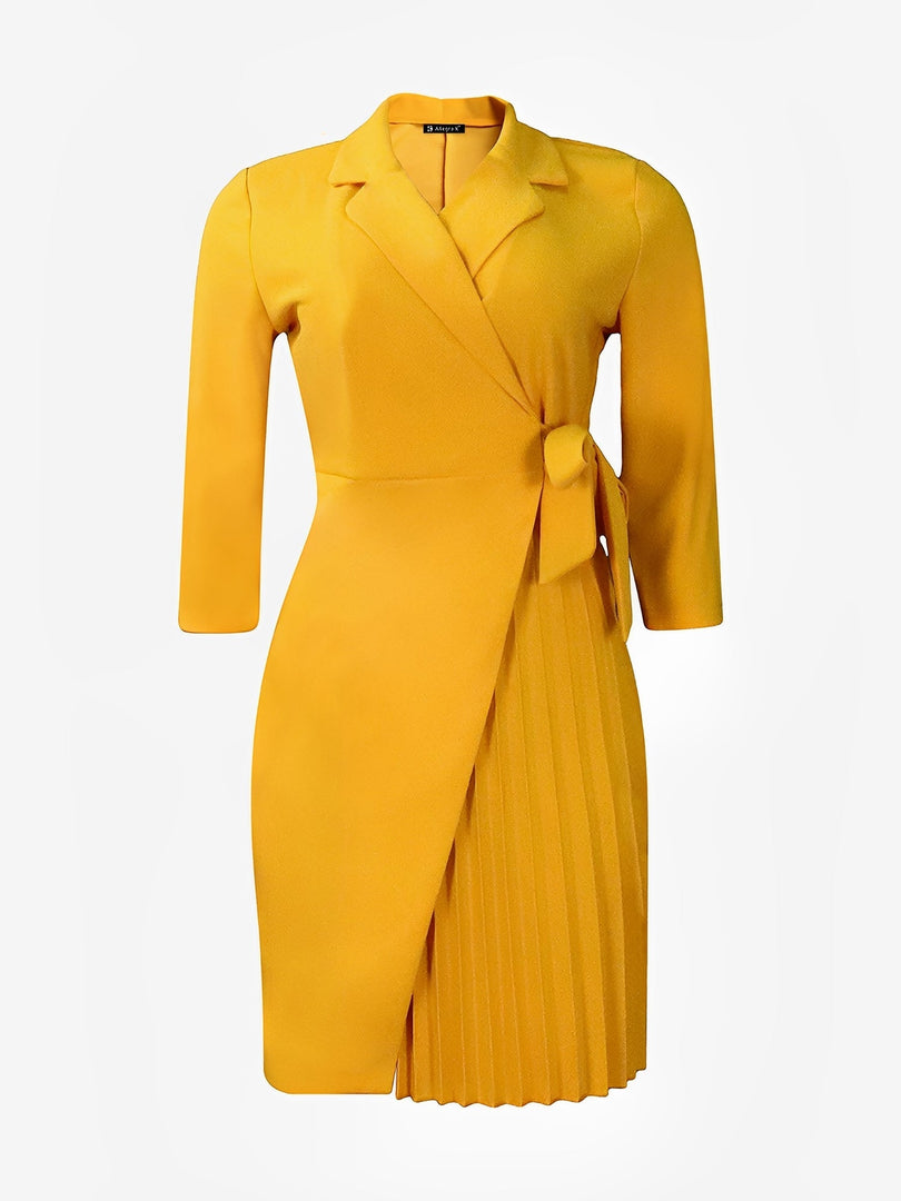 Women's Wrap Mini Dress Collar Elbow Sleeve Pleated Tie Waist