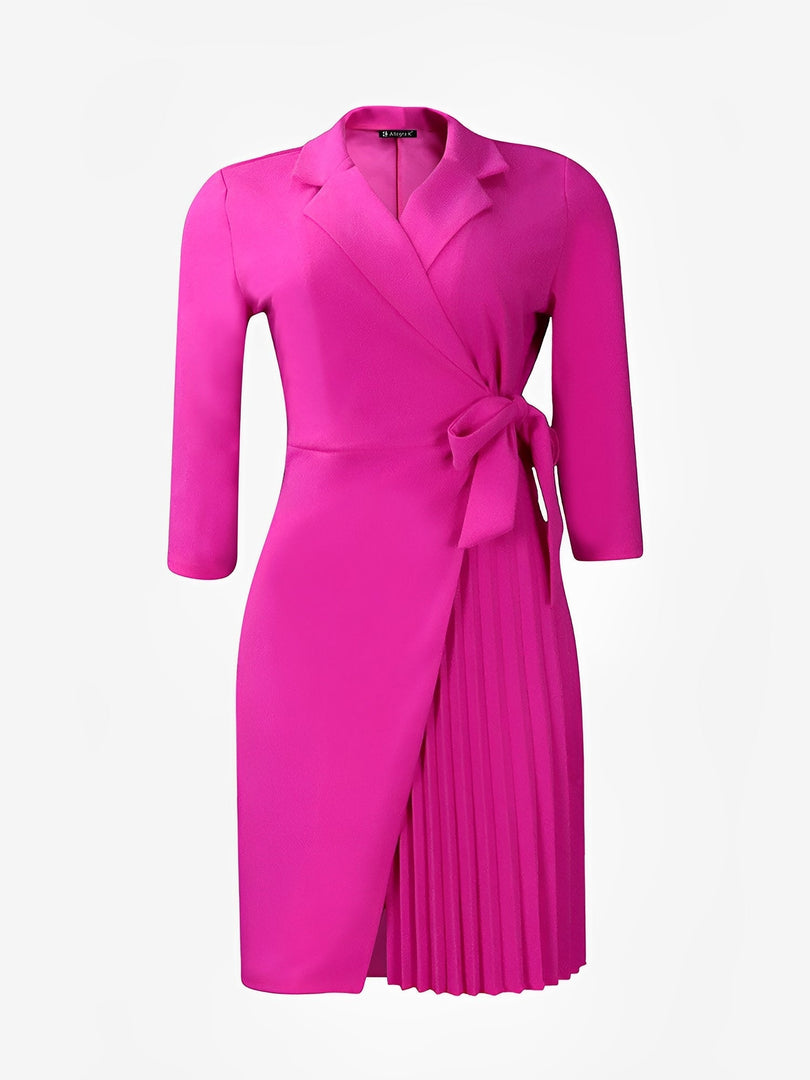 Women's Wrap Mini Dress Collar Elbow Sleeve Pleated Tie Waist