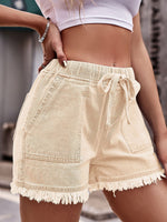 Load image into Gallery viewer, Women's Jean Shorts High Waist Drawstring Frayed Hem Pocket Style
