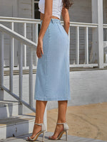 Load image into Gallery viewer, Women's Light Blue Jean Skirt High Waist Front Slit Midi Pencil Style
