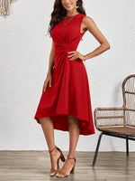 Load image into Gallery viewer, Women's Red Midi Dress Crew Neck Sleeveless Twist Waist High Low Hem
