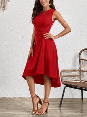 Women's Red Midi Dress Crew Neck Sleeveless Twist Waist High Low Hem