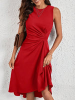 Load image into Gallery viewer, Women's Red Midi Dress Crew Neck Sleeveless Twist Waist High Low Hem
