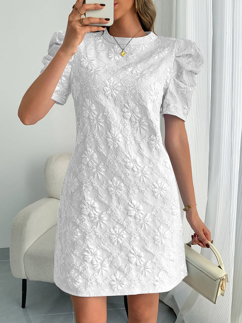 Women's White Mini Dress Puff Sleeve Textured Lace Shift