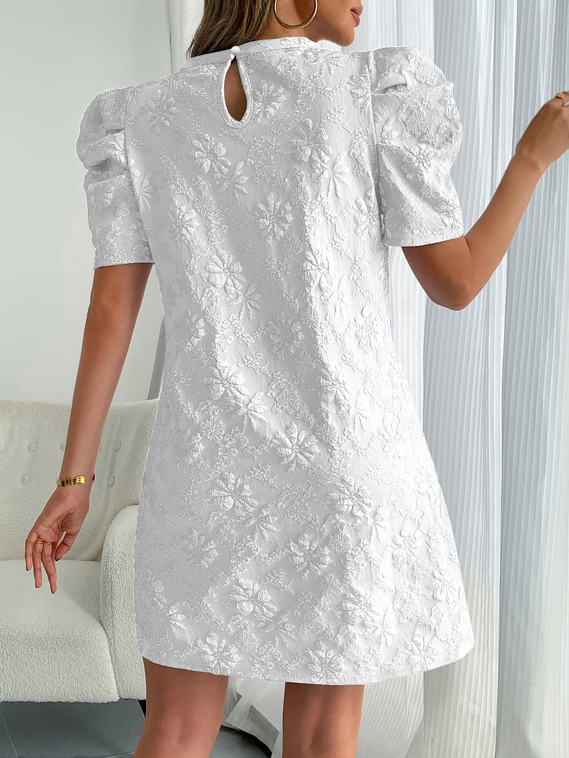 Women's White Mini Dress Puff Sleeve Textured Lace Shift