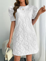 Load image into Gallery viewer, Women's White Mini Dress Puff Sleeve Textured Lace Shift
