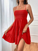 Load image into Gallery viewer, Effortless Red Tiered Mini Dress for Women with Smocked Bodice Spaghetti Strap Flowy Style
