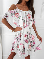 Load image into Gallery viewer, Women's White Floral Mini Dress Off Shoulder Ruffle Sleeve
